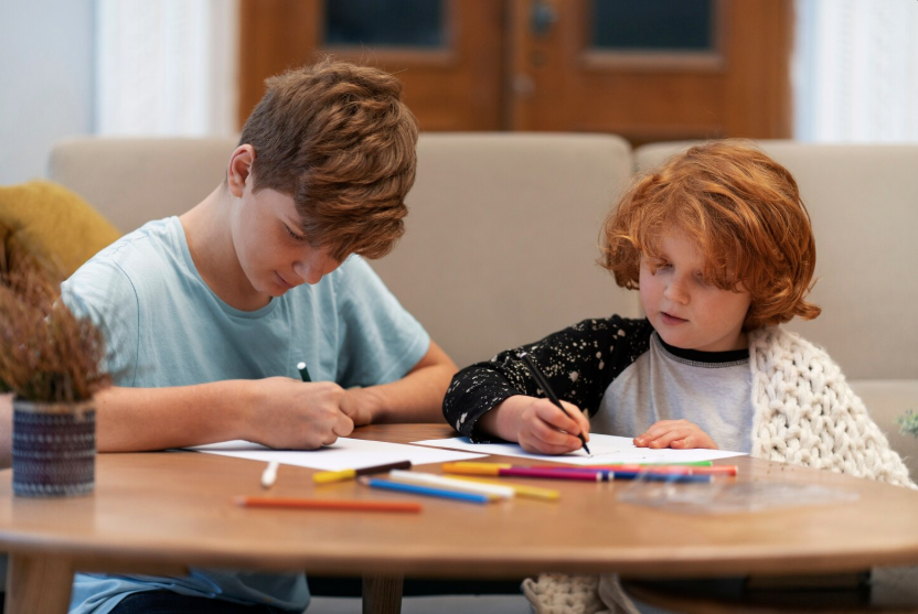 Kleines Mädchen und kleiner Junge beim Zeichnen